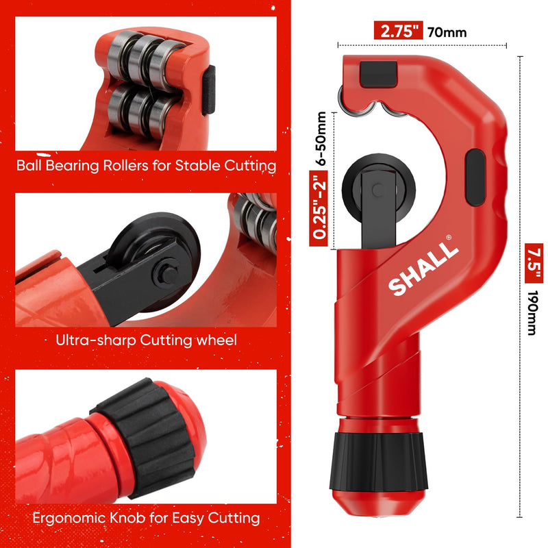 SHALL 4-Piece Tubing Cutter Set, 1/4’’ to 2’’OD Heavy Duty Copper Pipe Cutter, 1/8’’ to 7/8’’ Mini Tube Cutter, Deburring Tool & Inner Outer Pipe Reamer for Copper, Aluminum, Stainless Steel, PVC Pipe