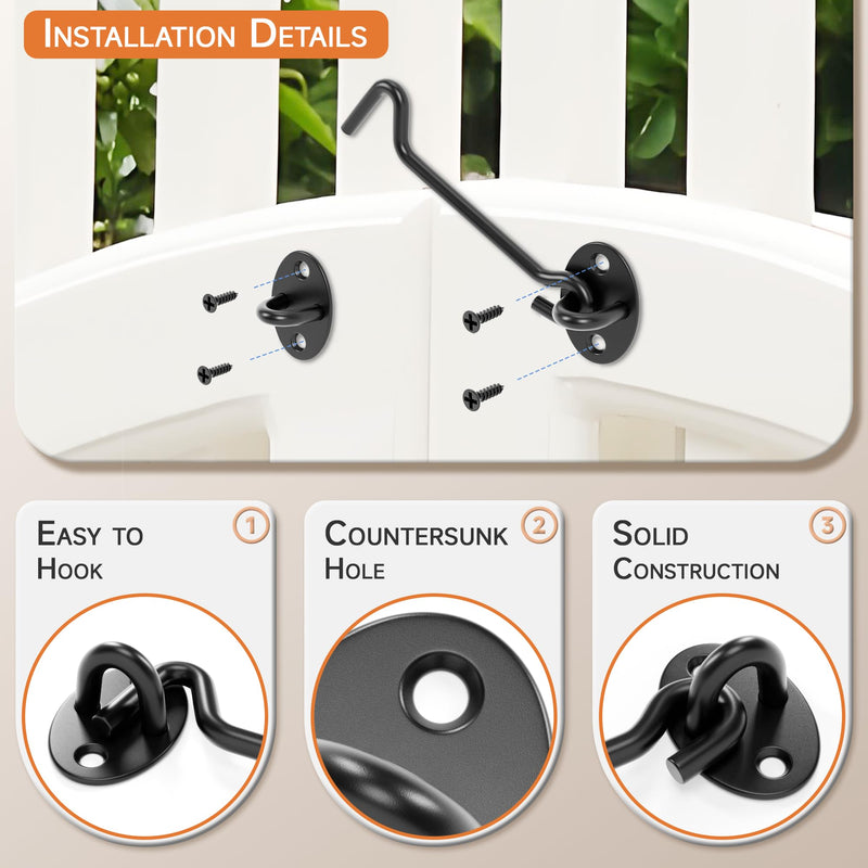 5" Privacy Eye Hook Door Latch for Screen Door, Window, Cabinet Barn Door, Fence Gate & More - Durable Hook and Eye Latch for 90° Right Angles to 180° Planes Black (4-Pack) 4 5 Inch