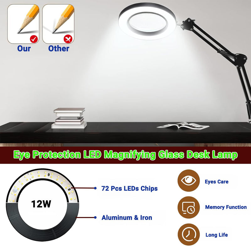 15X Real Glass Lens Magnifying Glass with Light – 3 Color Modes & Adjustable Brightness, Hands-Free Magnifier with Metal Base & Clamp for Crafts, Repair, Reading, Sewing, Painting & Close Work