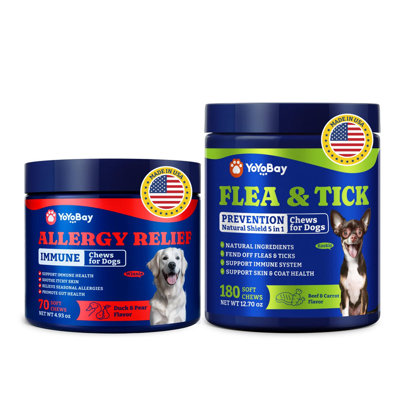 Dog Allergy Relief Chews – 70 Count + Flea & Tick Defense Chews 180 Count (2.0 Formula)