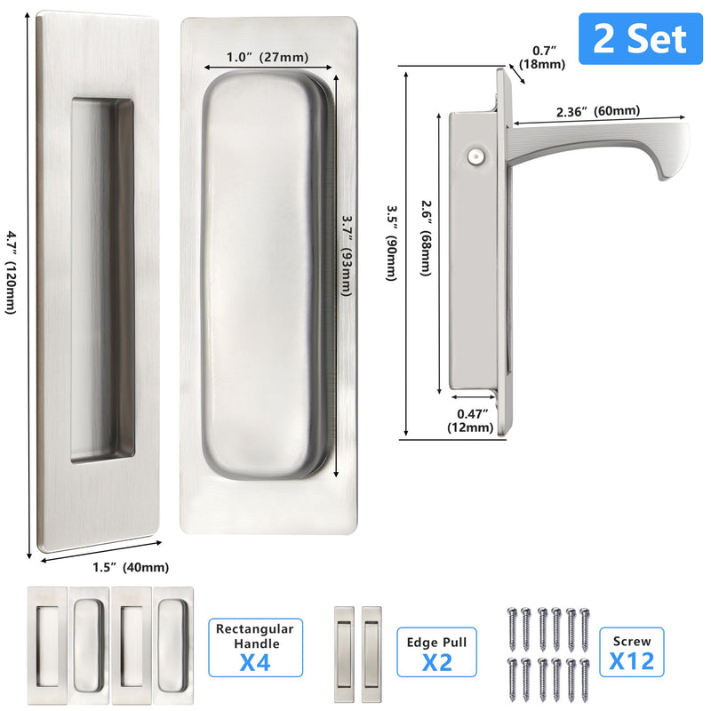 Dontay Sliding Pocket Door Handles, 304 Stainless Steel Non Locking Pocket Door Hardware, Recessed Flush Finger Pulls, Heavy Duty Edge Pull (2 Set, Satin Nickel, 4.72 Inch) 2 Set
