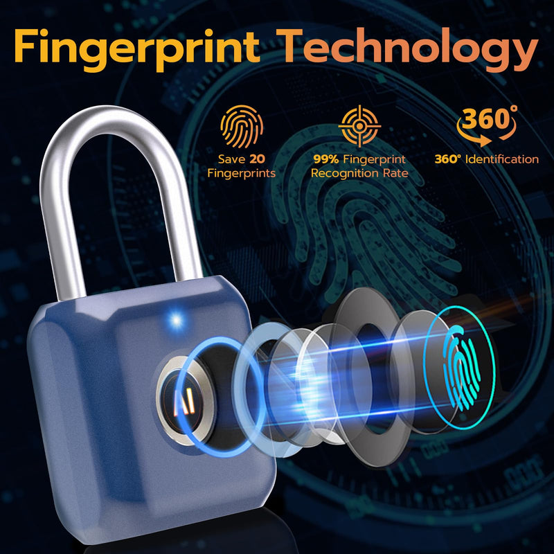 Pothunder Fingerprint Padlock, Smart Padlock, Locker Lock, Biometric Metal Keyless Fingerprint Lock, USB Rechargeable, for Gym Locker, Luggage, Backpack(Blue) Blue