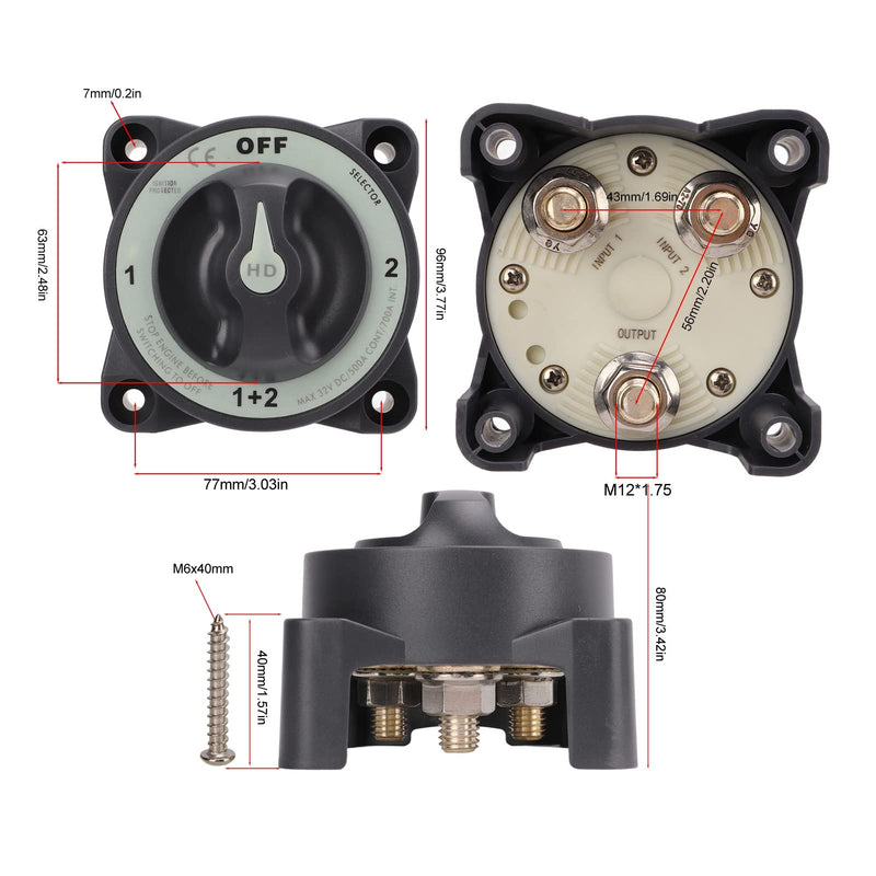 500A Battery Disconnect Switch, HD-Series Heavy Duty ON/OFF Power Disconnect Switch, 32V DC 4 Position OFF-1-1+2-2 Ignition Protected Boat Battery Switch for Marine Car RV Truck
