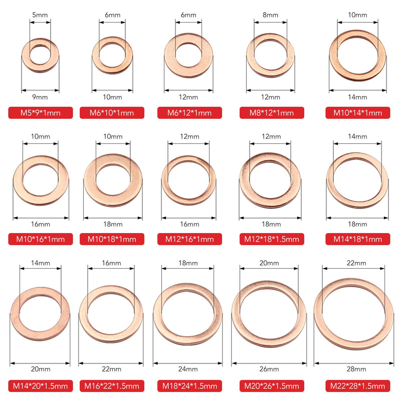 150Pcs Copper Sealing Washers M22 M20 M18 M16 M14 M12 M10 M8 M6 M5 15 Size Crush Washers Assortment Kit (Copper)