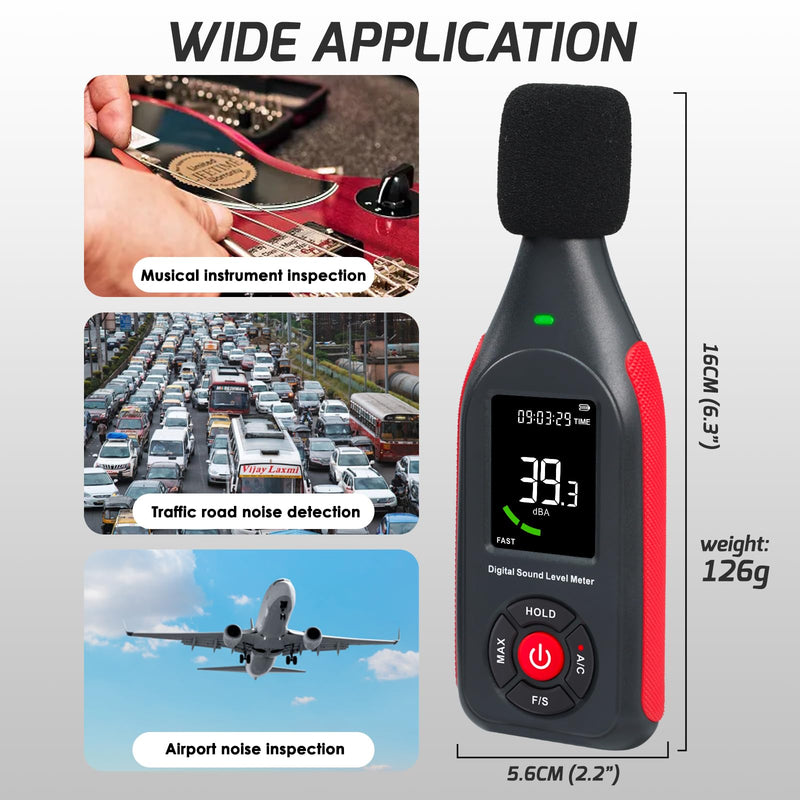 Decibel Meter Sound Level Meter Professional Sound Level Reader Detector 30dB to 130dB MAX Data Hold, Noise Monitor Digital SPL dB Meter With Alarm, Data Record & Rechargeable Function