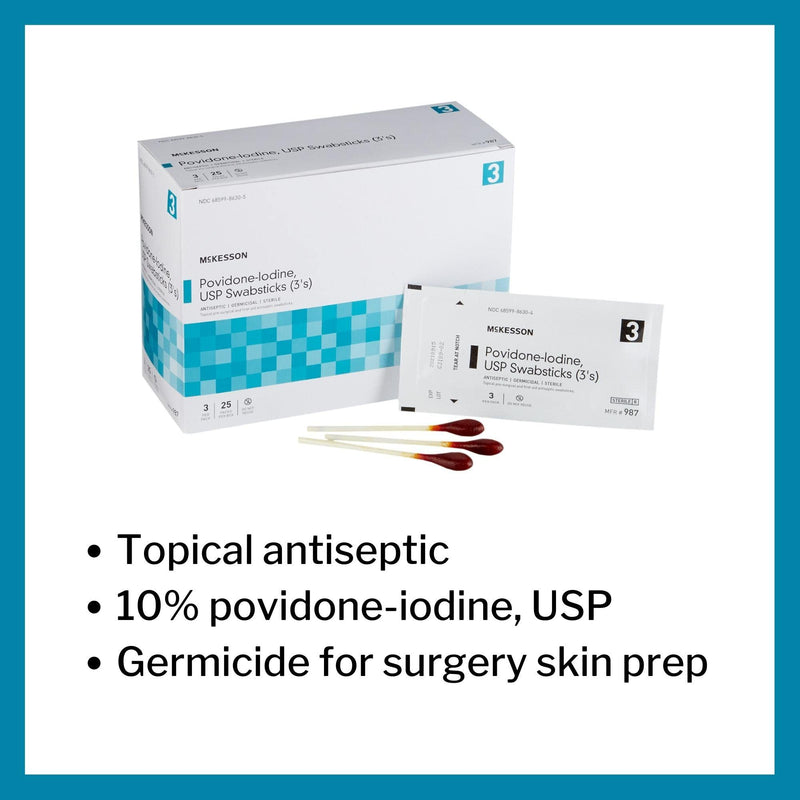 McKesson Povidone Iodine 10% Swabs Stick [75 Sticks], Sterile Swabsticks, Topical Pre-Surgical and First Aid, 3 Per Pack, 25 Packs (75 ct)