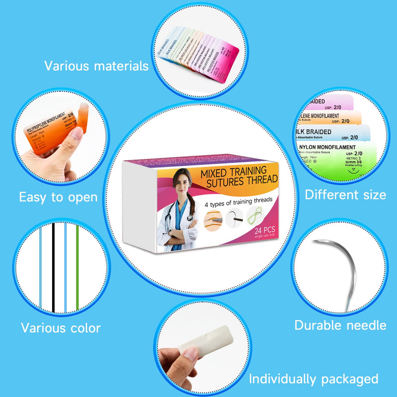 Sutures Thread with Needle (24 Mixed 2/0, 3/0, 4/0, 5/0) - Practicing Suturing(Education Use Only)