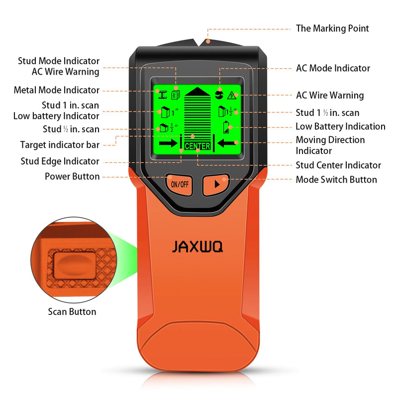 Stud Finder Wall Scanner - 5 in 1 Stud Finder Tool w/Microprocessor Chip and HD LCD Display, Stud Detector Beam Finders for the Center and Edge of Wood AC Wire Metal Studs Joist Pipe Blood Orange