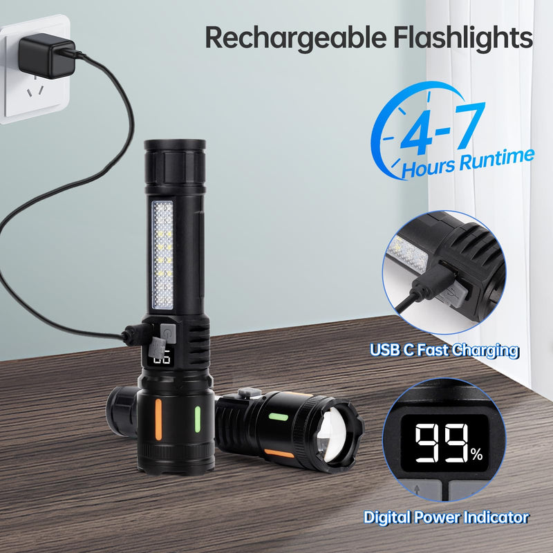 Rechargeable Flashlights High Lumens 900,000L (2 Packs), 5 Modes Super Bright Led Handheld Flash Light Battery Powered with COB Side Light, USB C Charging, Power Display, Waterproof, Zoomable Beam M - 2 Pack