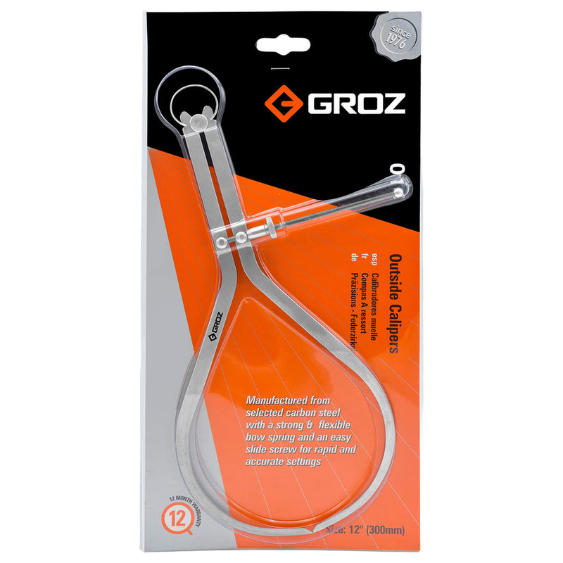 Groz 01415 12" Spring Outside Caliper, Matte Finish, with Solid Nut 12 Inch