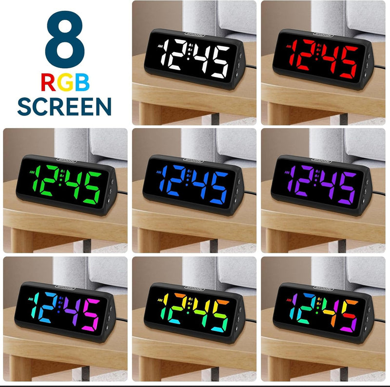 Netzu Loud Alarm Clock for Heavy Sleepers, RGB Alarm Clocks for Bedrooms Seniors Kids, Plug in Digital Clock with 5 Dimmers, 2 Alarms, 4 Volumes and Snooze Black