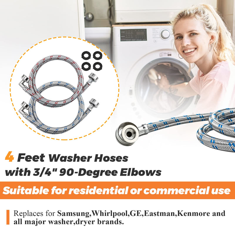4FT Stainless Steel Washer Hoses with 90 Degree Elbows by Beaquicy - 2 Pack No-Lead Burst Proof Hot & Cold Water Connection Inlet Washer Supply Lines