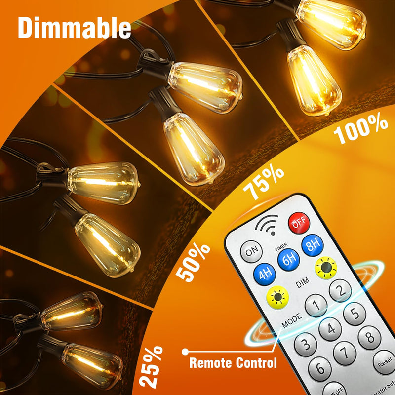 100FT Solar String Lights Outdoor Waterproof with Remote & Timer, LED Shatterproof ST38 Bulbs, USB & Solar Powered Patio Lights for Backyard, Porch, Garden, Wedding, Christmas Decor 100FT