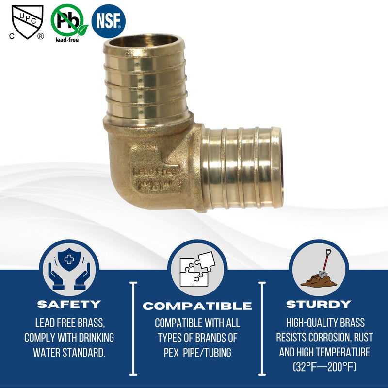 5 Pieces XFITTING 1" X 1" Pex Elbow - Brass Crimp Fitting Elbow, Full Port (Pack of 2) 1 Inch (Pack of 2)