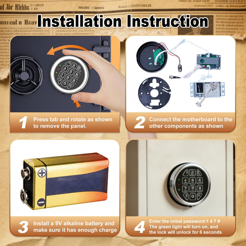 Programmable Electronic Safe Lock Replacement Keypad, Digital Gun Safe Solenoid Lock with Override Keys Fits Many Security Safe Boxes and Security Cabinet
