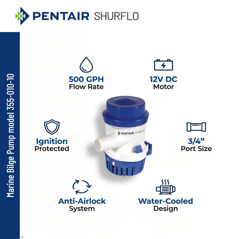 PENTAIR SHURFLO 355-010-10 Marine Bilge Pump, 500 GPH Submersible Marine Pump, Anti-Airlock, ABS Housing, Nylon Impeller, Ignition Protected, 12V DC, CE Certified