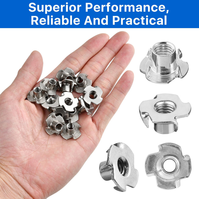 100 Pack 1/4"-20 T-nut, 304 Stainless Steel Threaded Insert, 4-Pronged Tee Nut for Wood,Rock Climbing Holds,Cabinetry,Furniture