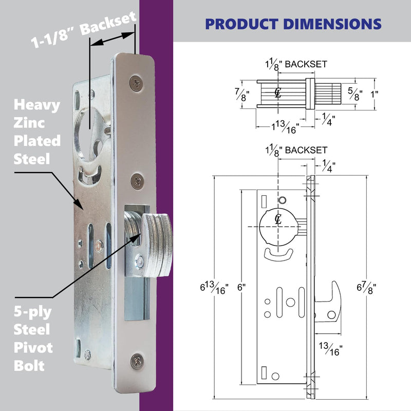 Storefront Commercial Aluminum Door Sliding Door | Mortise Hook Bolt Deadbolt Lock with Key Cylinder & Thumbturn | Hookbolt Key Thumbturn Combo, 1-1/8" Backset, Aluminum and Duronotic (AL)