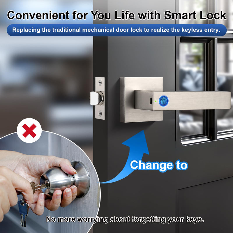 KNOBWELL Smart Fingerprint Door Lock with App Control, Smart Door Lock, Biometric Door Knob, Keyless Entry Door Lock with Handle for Home, Hotel, Apartment, Office, Airbnb-Silver Silver