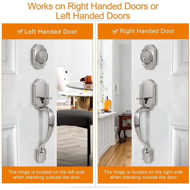 Natsukage Front Door Handle Set Heavy Duty Entry Door Lock Set Satin Nickel Entrance Handle Set with Lock, with Single Cylinder Deadbolt and Knob Handle, Reversible for Right & Left Handed Doors