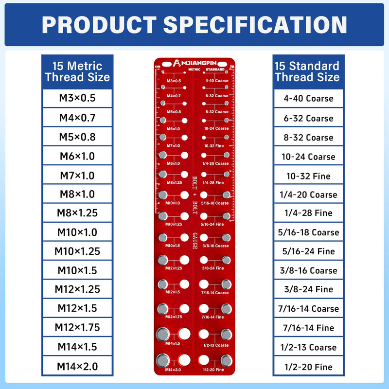 Thread Checker, 30 Nut & Bolt Thread Size Checker 15 Standard &15 Metric, Wall-Mounted Stainless Steel Thread Gauge Checker with Inch & Metric, Bolt Size Finder