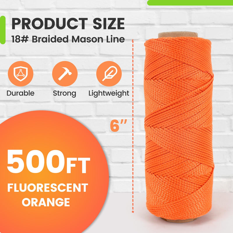 Mason Line, 500 Ft #18 Braided Nylon String Twine, Premium String for Masonry Jobs, Construction, Gardening, Net Making and Mending, DIY Projects, Fluorescent Orange