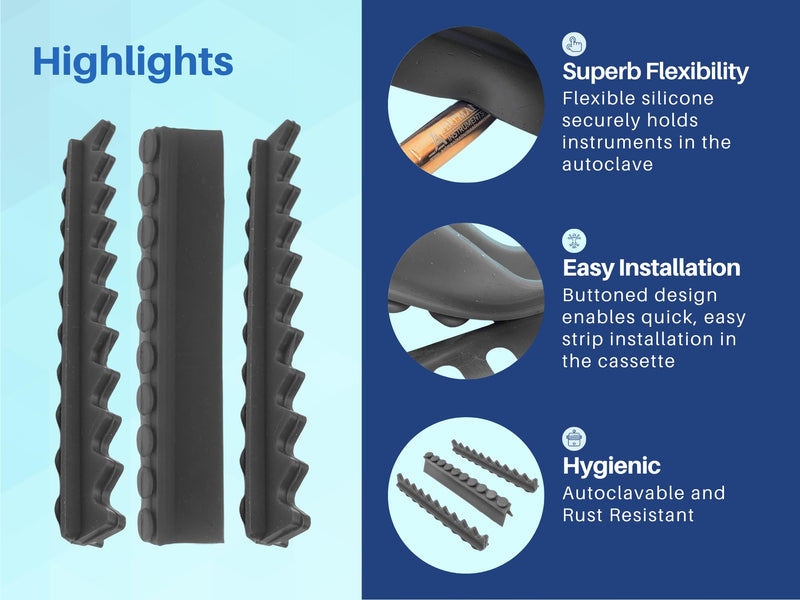 Replacement Silicone Strips Black Autoclavable for Dental Instrument Cassettes of All Sizes