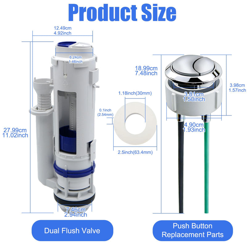 Toilet Dual Flush Valve Replacement kit, Toilet Parts for Geberit & Kohler, Universal Tank Spare Kits with Top Push Button, Easy to Install,2-Inch(11" Height)