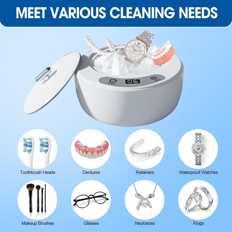 Ultrasonic Retainer Cleaner Machine, 49kHz Dental Cleaning with Digital Timer & 200ML, Ultrasonic Dentures Cleaner for Denture, Guards, Aligners, Night Guards, Braces & Jewelry with 5 Modes