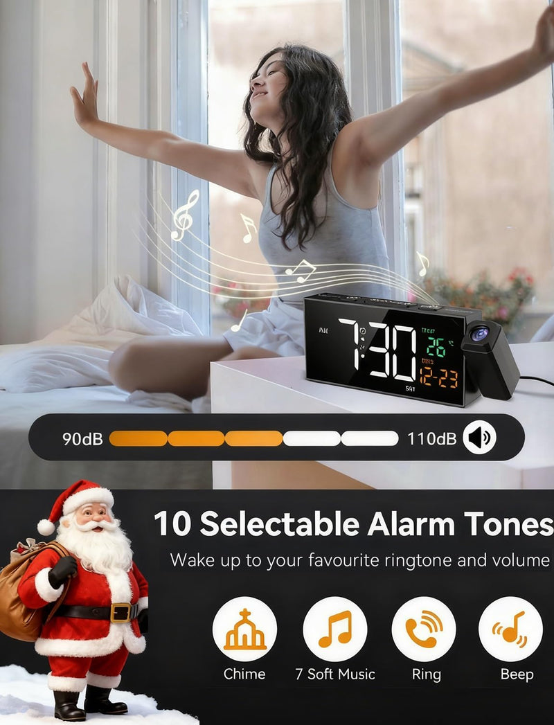Netzu Projection Clock for Bedroom Ceiling, Alarm Clocks with 180° Rotatable Projector, Date Temperature and Weekday, Manual DST, 5 Brightness, 10 Ringtones, 4 Volumes and Snooze (Black) Black