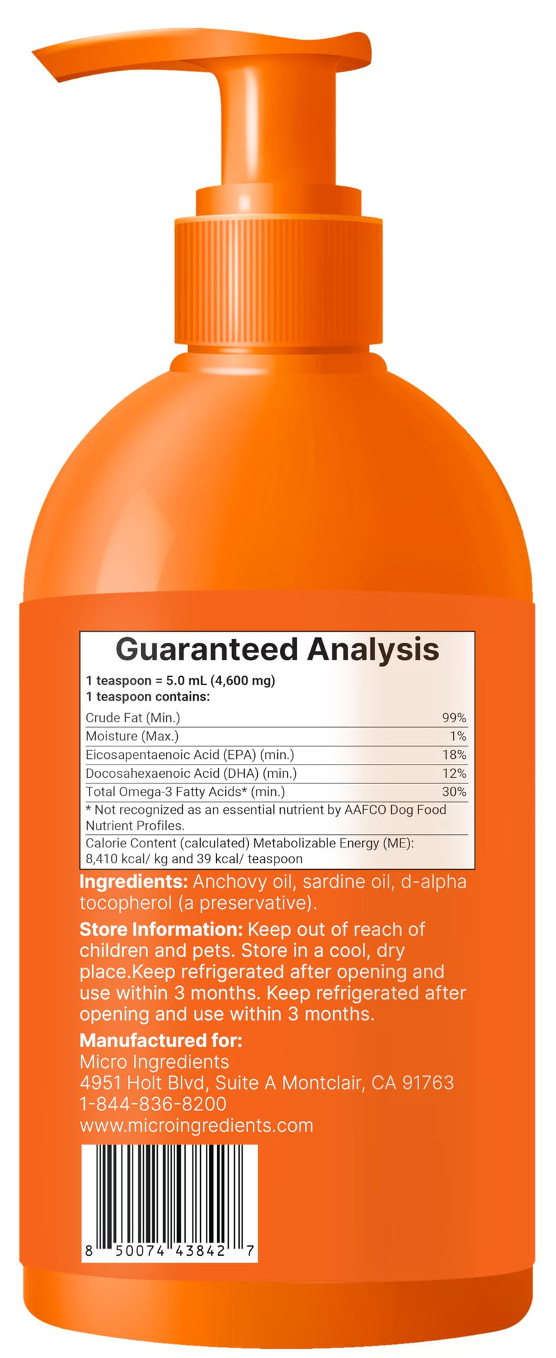 Micro Ingredients Omega-3 Fish Oil for Dogs & Cats, 16 fl oz | Supports Healthy Skin & Shiny Coats* | Liquid EPA & DHA Formula | Wild-Caught Fish Source | Easy-Pump Dispenser | Non-GMO & Pet Friendly