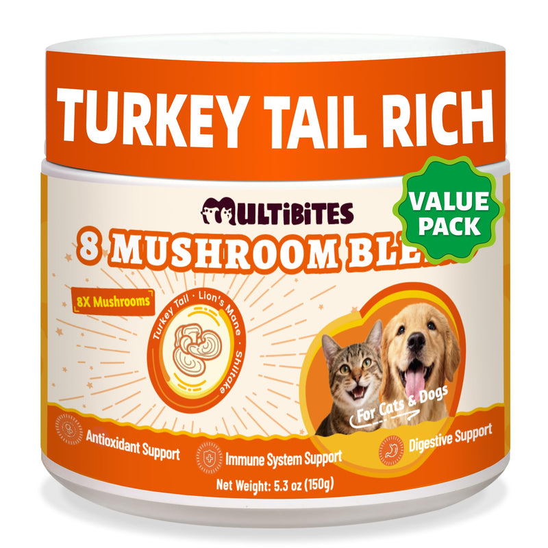Turkey Tail Mushroom Powder for Dog, 8 Mushrooms Blend & Chicken, Mushroom Supplement - Immune, Digestive, Real Mushrooom Turkey Tail - Daily Antioxidant Support, Cat Lumps & Bumps, 5.3oz.