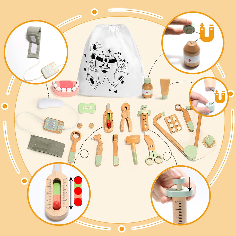 Wooden Doctor Kit for Kids, 19Pcs Pretend Play Dentist Toddlers Doctor Medical Toy Set with Stethoscope Syringe Thermometer Tooth Model and Carry Bag Montessori Role Play Gift for Boys Girls Ages 3+