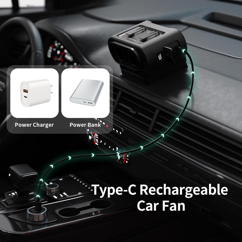 Socool Portable Car Fan - 14500mAh Rechargeable Battery Opearated, Clip on Car Seat Headrest 360 Rotatable, 5-Speed Backseat Fans for Baby Rear Facing Cooling with Dual Air Outlets for SUV RV Truck Black