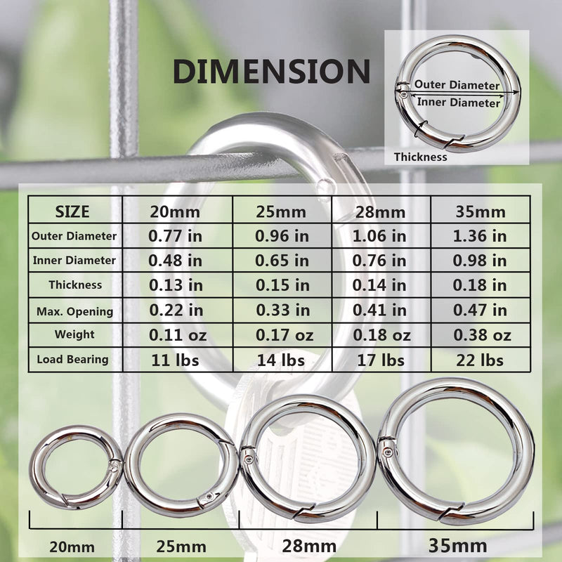 Spring O Rings, Zinc Alloy Round Metal Split Rings Small Clamp Clasp Keyring Buckle for Bag Purse Handbag Strap Craft Od:0.96inch(φ25mm)-16pcs