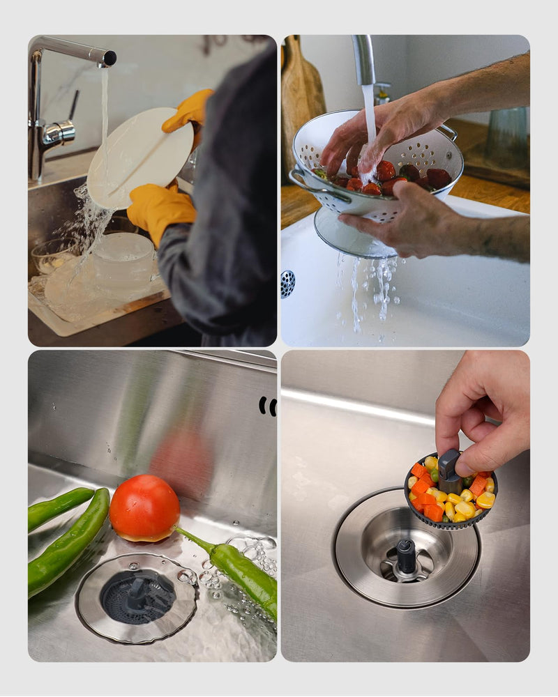Hibbent Upgraded 3 in 1 Kitchen Sink Drain Strainer and Stopper Combo, Stainless Steel Metal Pop Up Sink Stopper, Anti-Clogging Basket with Foldable Handle for US Standard 3-1/2 Inch Drain Stainless Steel with 1 Strainer