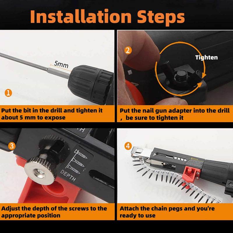 Automatic Chain Nail Gun Adapter, 48MM Electric Drill Chain Attachment Set for ail Gun Electric Drill, for Drywall Woodwork (Drill Chain Adapter Set) (Drill Chain Adapter Set) Drill Chain Adapter Set