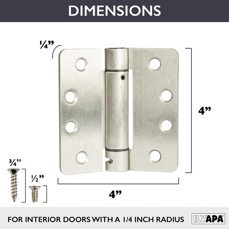 Ilyapa Self Closing Door Hinges, 2 Pack, Satin Nickel Mortise Spring Hinge - 4 x 4 Inch Interior Spring for Doors with 1/4" Radius Corners 4 x 4 Inches - 1/4" Radius