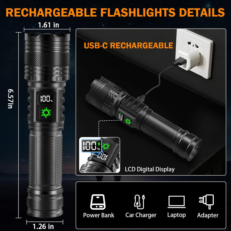 3Pack Rechargeable Flashlights High Lumens 9900FL, LED Flashlight Rechargeable with LCD Digital Display, 5Modes Adjustable Flash Light, Super Bright Flashlight Powerful, Tactical Flashlights for Home 3Pack