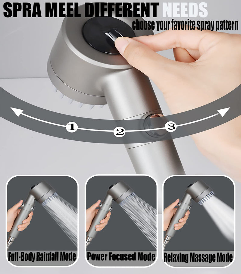Shower Head with Handheld, Shower Heads High Pressure, High Flow Even with Low Water Pressure-Hand Held Showerhead Set,3 Modes Filtered Showerhead with 59″Replacement Hose/Bracket/Cotton Filters Gray