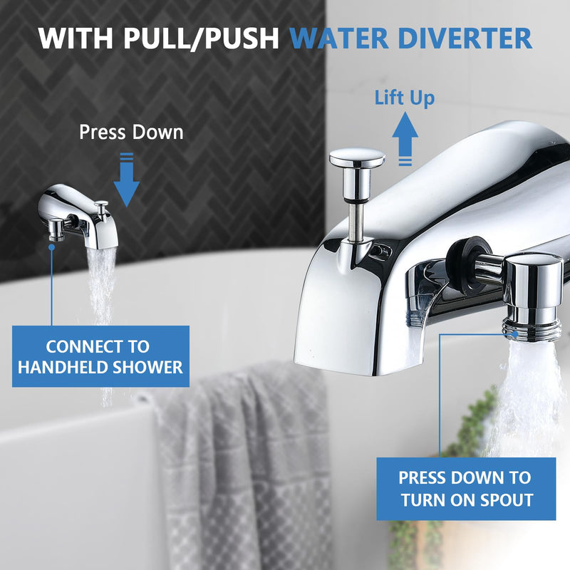 All Metal Tub Spout with Diverter Chrome, Fits 1/2” or 3/4" Threaded Pipes, Bathtub Faucet with Shower Diverter for Convenient Water Control Without Handheld