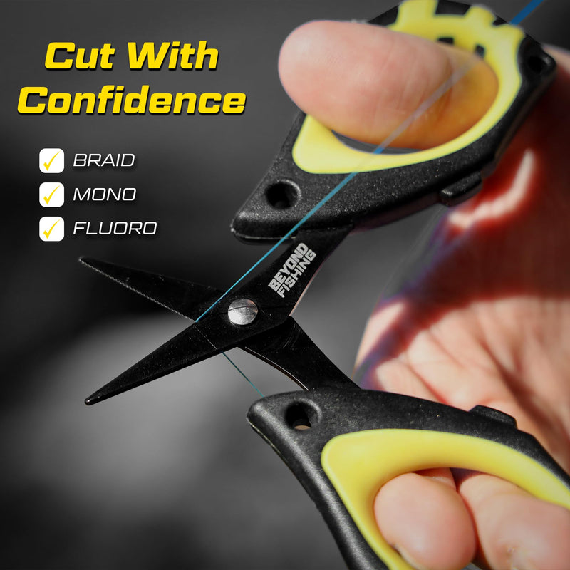 Beyond Fishing - 4.5” Fishing Scissors for Braided Line, Stainless Steel with Serrated Blades, Non Slip Grip, Large Finger Holes Fishing Line Cutter