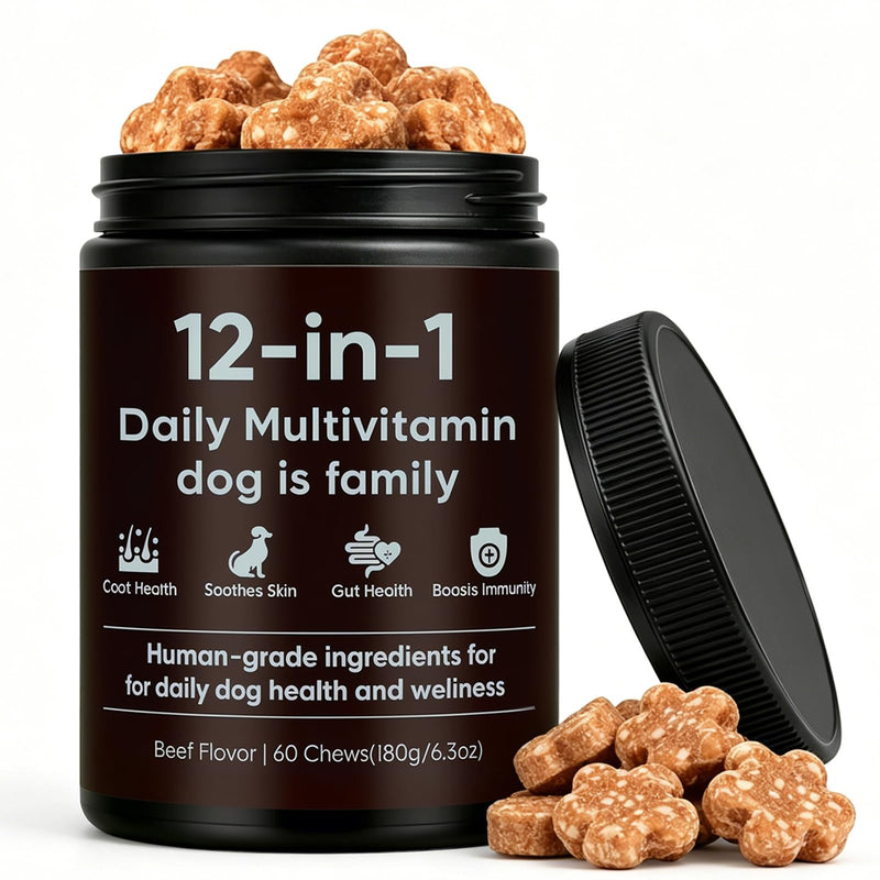 12-in-1 Daily Multivitamin for Dogs - with Folic Acid, Salmon Oil, Chondroitin & Natural Vitamins, Skin and Coat Healthy, Digestive & Boost Immunity, 60 Chew (Beef)