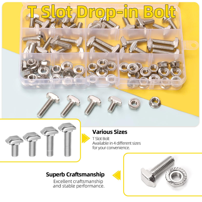 40 Sets M6 T Slot Drop-in Bolt, M6 x 12/16/ 20/ 25mm Hammer Head T-Slot Drop-in Stud Sliding Bolt Screw with Flange Nut for European Standard 30 Series Aluminum Profile