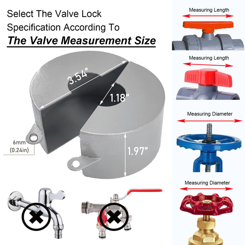 Gate Valve Locking Device with Lock - Outdoor Faucet Lock, Water Spigot Lock, for 1-1/2 to 3 in Dia Valve Handles, Prevent Water Theft, Unauthorized Water Use (Silver) Silver Metal