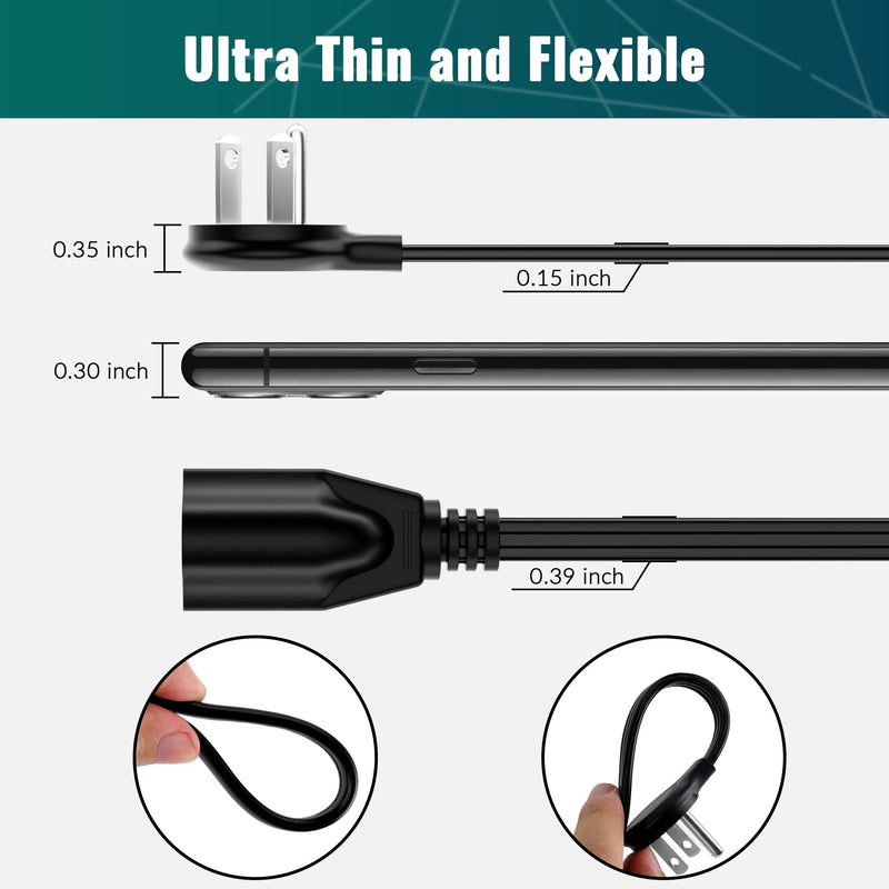Elecan Flat Plug Extension Cord 12 Ft with Slim Space-Saving Plug Design, Thin Flat Cable Low Profile Power Cord 3 Prong Grounded Wire, 16 Gauge 13 A/125 V-Black-ETL Certified 1 Pack 12FT