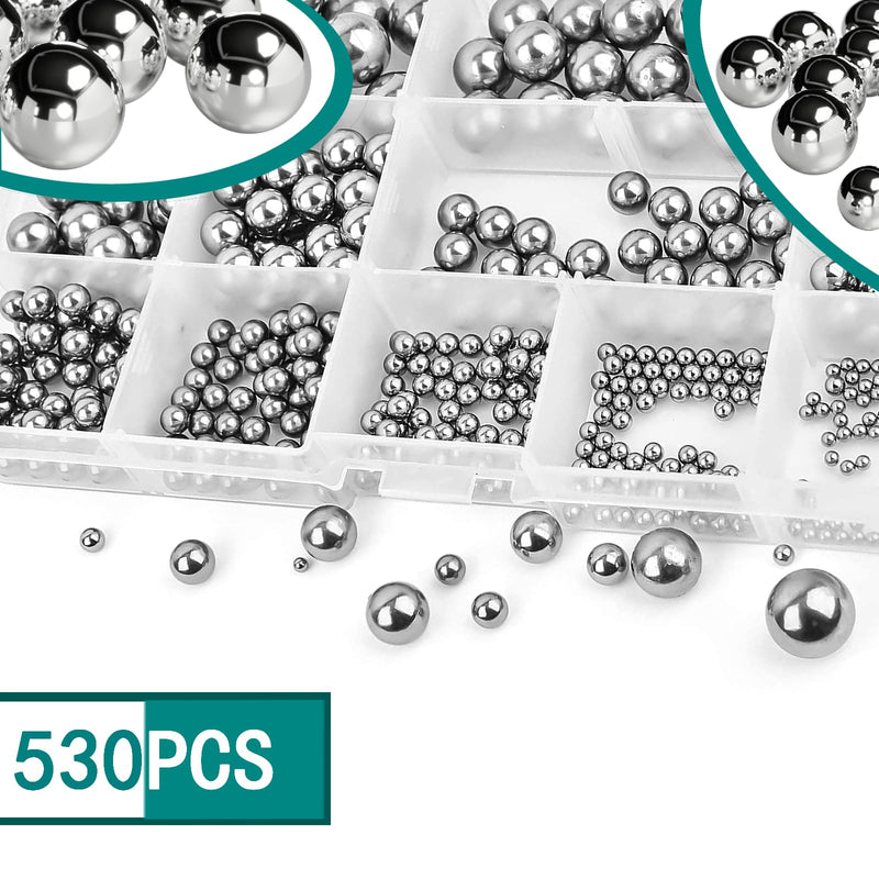 QINGZHENG Ball Bearing, Assortment Full-Size Loose Precision Steel Balls with Storage Box for Bicycle Machine, 530 Pieces
