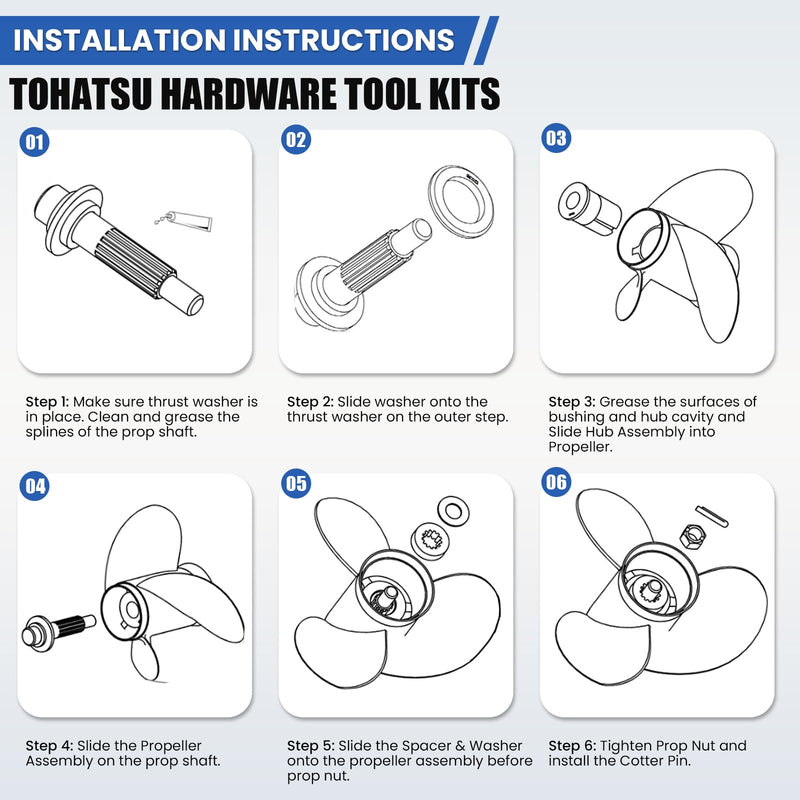 Outboard Upgrade Propeller Installation Hardware Tools Kit Fits Tohatsu 25-30HP, Includes Thrust Washer, Washer, Nut and Cotter Pin