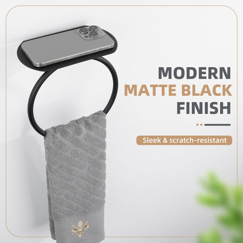Aomasi Matte Black Bathroom Towel Ring with Shelf, Solid Stainless Steel Wall Mounted Towel Holder