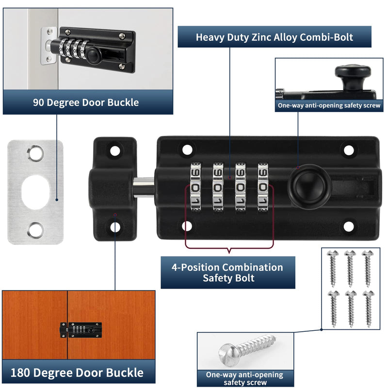 Combination Locking Bolt 2 Pack,Thickened Solid Zinc Alloy Combination Barrel Bolt,Safety Slide Latch Lock with Password Setting,for Shed,Garages,Fences,Iron Gate.(Black 4.8 inch) Black-2 Combination Locking Bolt